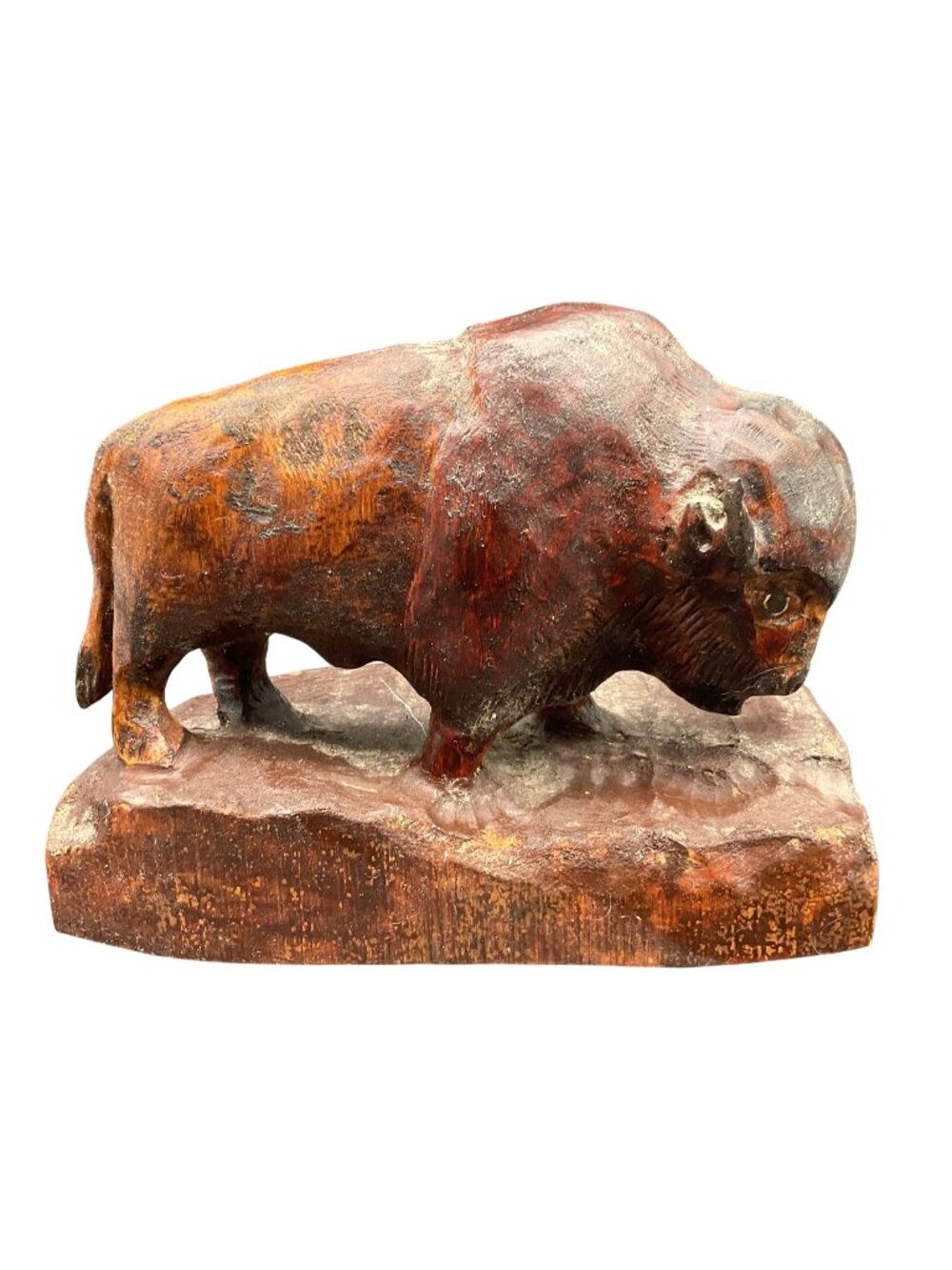 Vtg Hand-Carved Wooden Buffalo Sculpture Bison Rustic Decor 6.5" Long